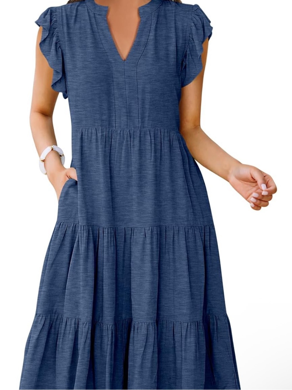 V-Neck Navy Tiered Midi Dress with Flutter Sleeves